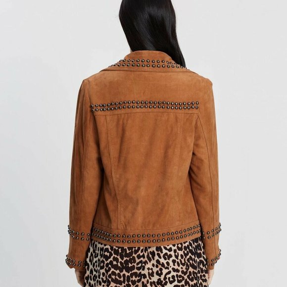 MINISTRY OF STYLE Grain Leather Suede Tan Jett Studded Jacket RRP$689 - Picture 5 of 12